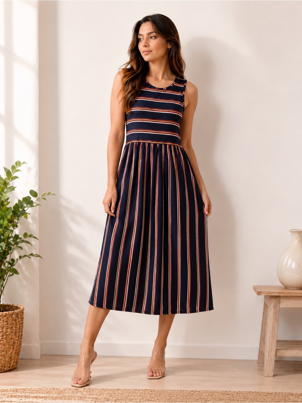 Rainbow Striped Sleeveless Midi Dress Medium